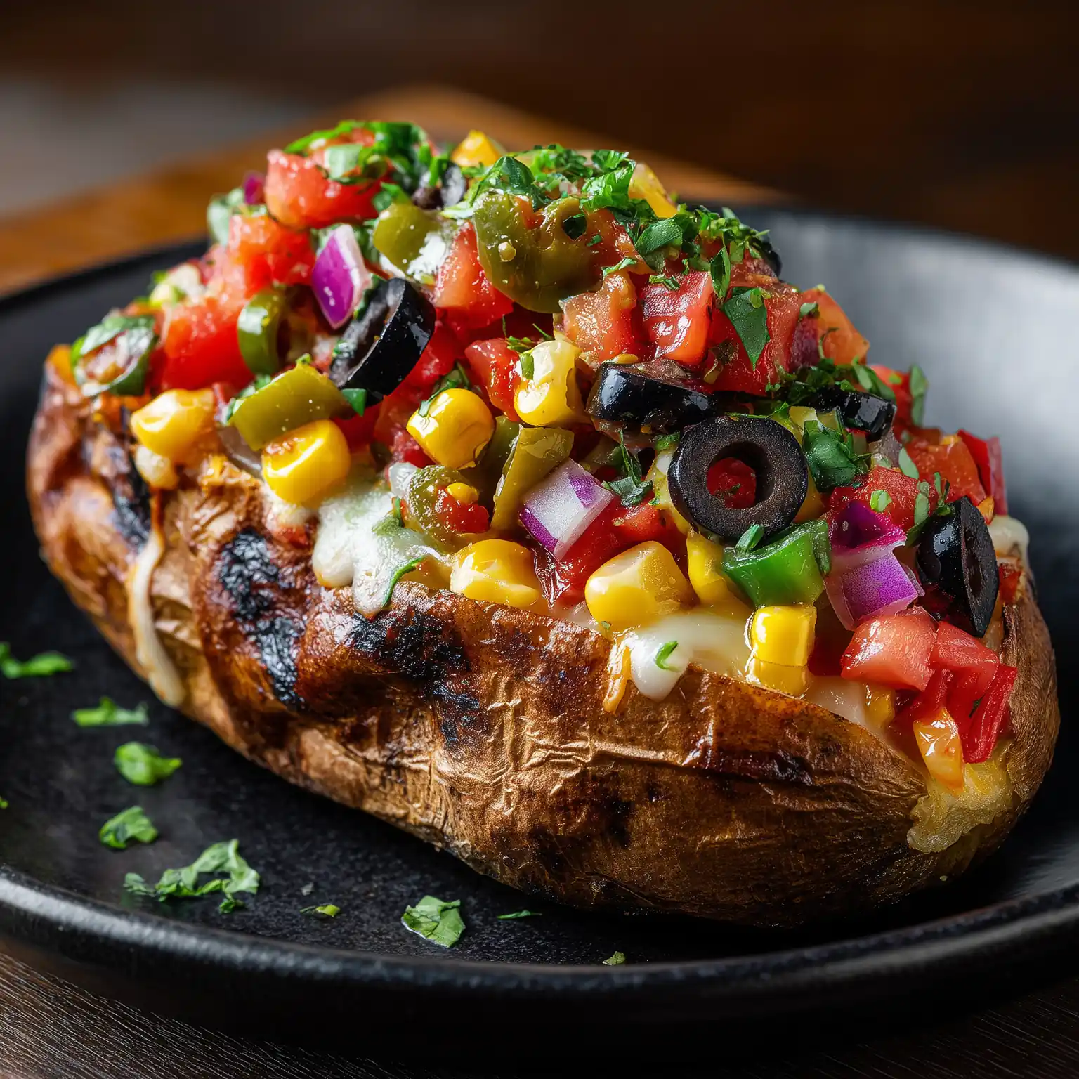Garden Riot potato layered with mozzarella, bell peppers, olives, salsa, tomatoes, and roasted corn
